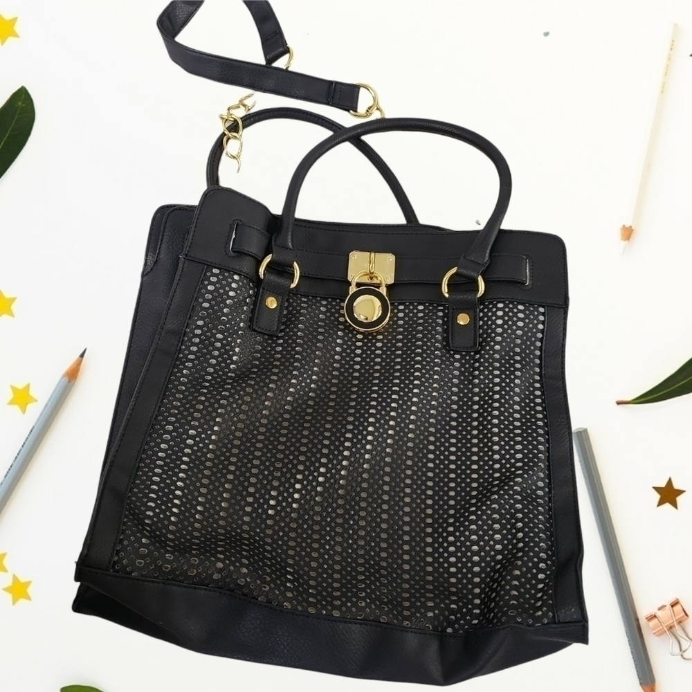New Vegan Leather Laser Die Cut Tote Shoulder Bag NWOT 13x13x3 Black/White/gold